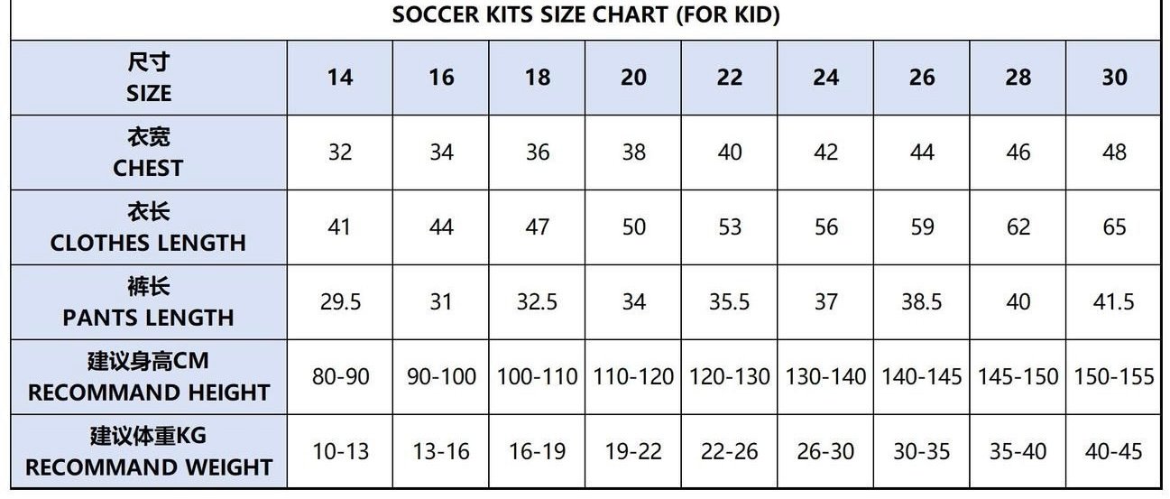 SOCCER KITS SIZE CHART (FOR KID